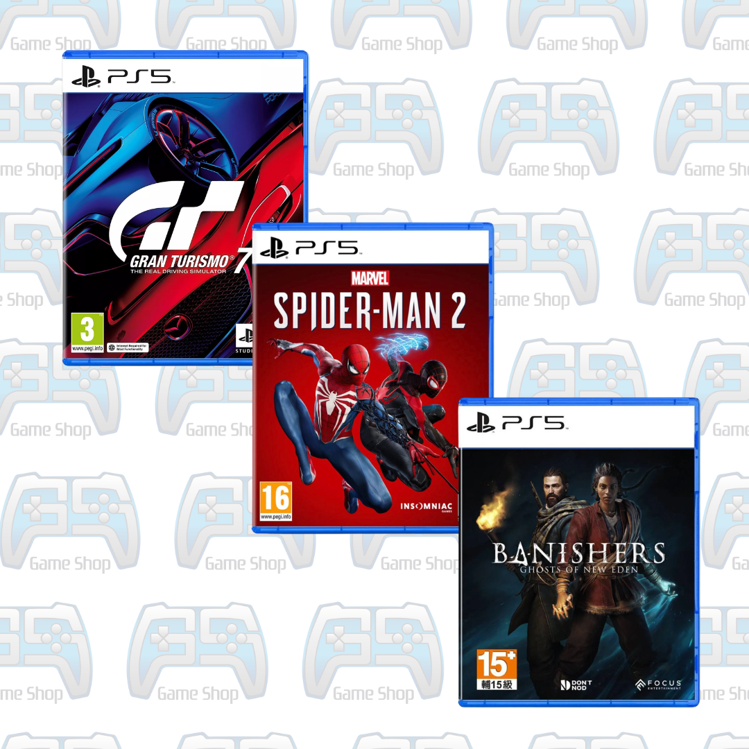 PACK TRIO BLOCKBUSTER : GRAN TURISMO 7 + MARVEL'S SPIDER-MAN 2 + BANISHERS: GHOSTS OF NEW EDEN | PS5 | OCCASION
