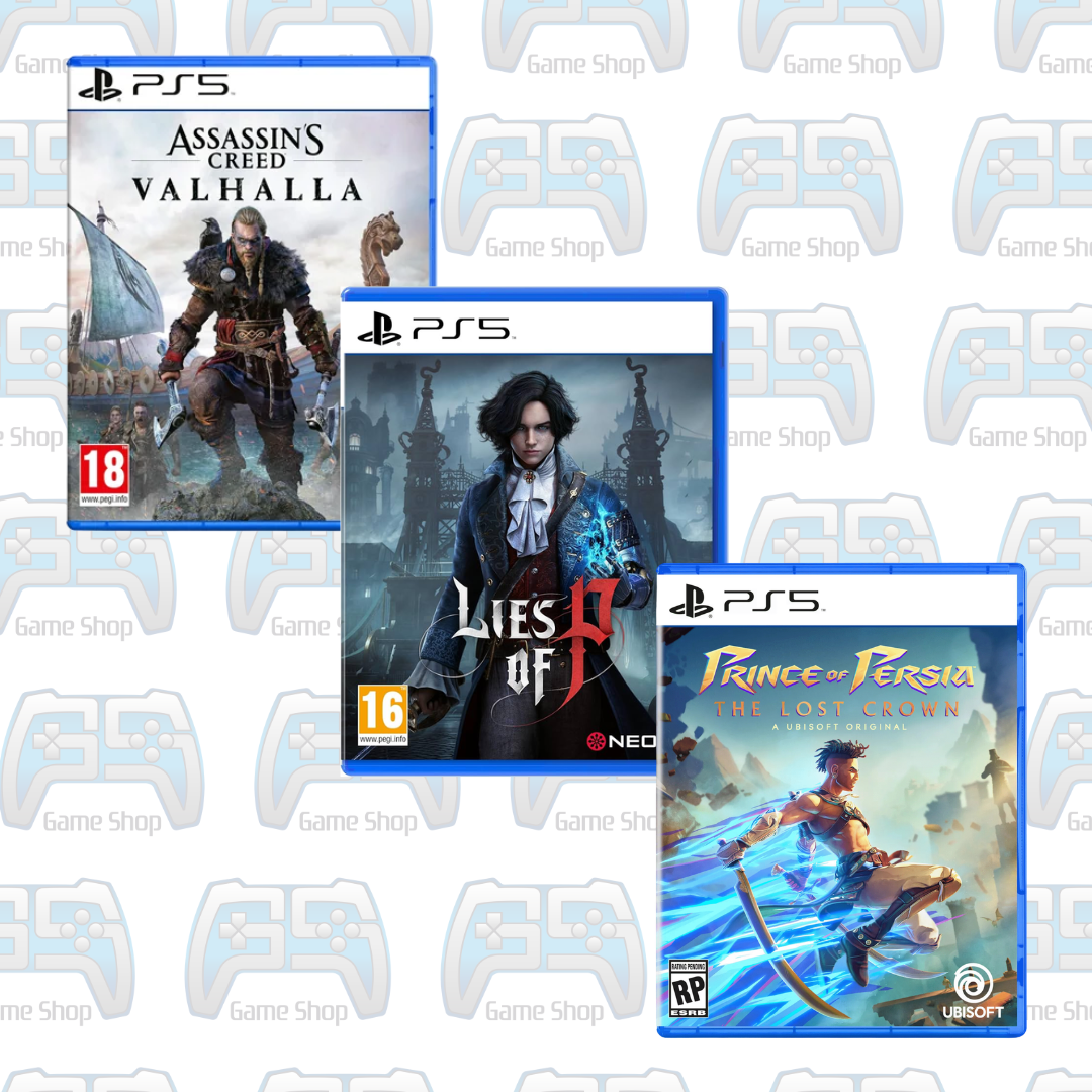 PACK TRIO COMBAT & MYTHOLOGIE : ASSASSIN'S CREED VALHALLA + LIES OF P + PRINCE OF PERSIA: THE LOST CROWN | PS5 | OCCASION